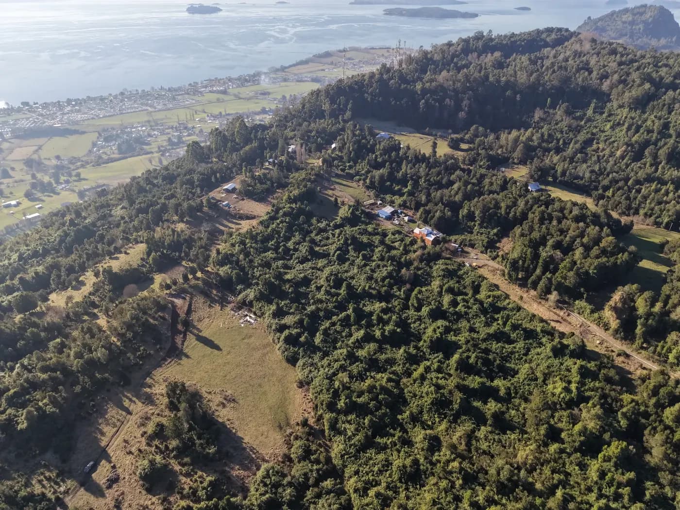 Vista aérea del predio: el bosque nativo, las praderas y el lago Ranco al fondo